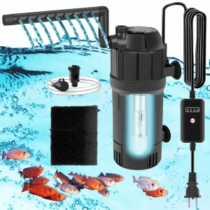 5 in 1 Aquarium Filter, OneHome U-V Light Fish Tank Filter 105 GPH Green Water Cleaning Filter Pump with Timer, Dual Mode (Aeration/Rainfall) for 10-40 Gallon Aquariums (3W U-V 4W Pump)