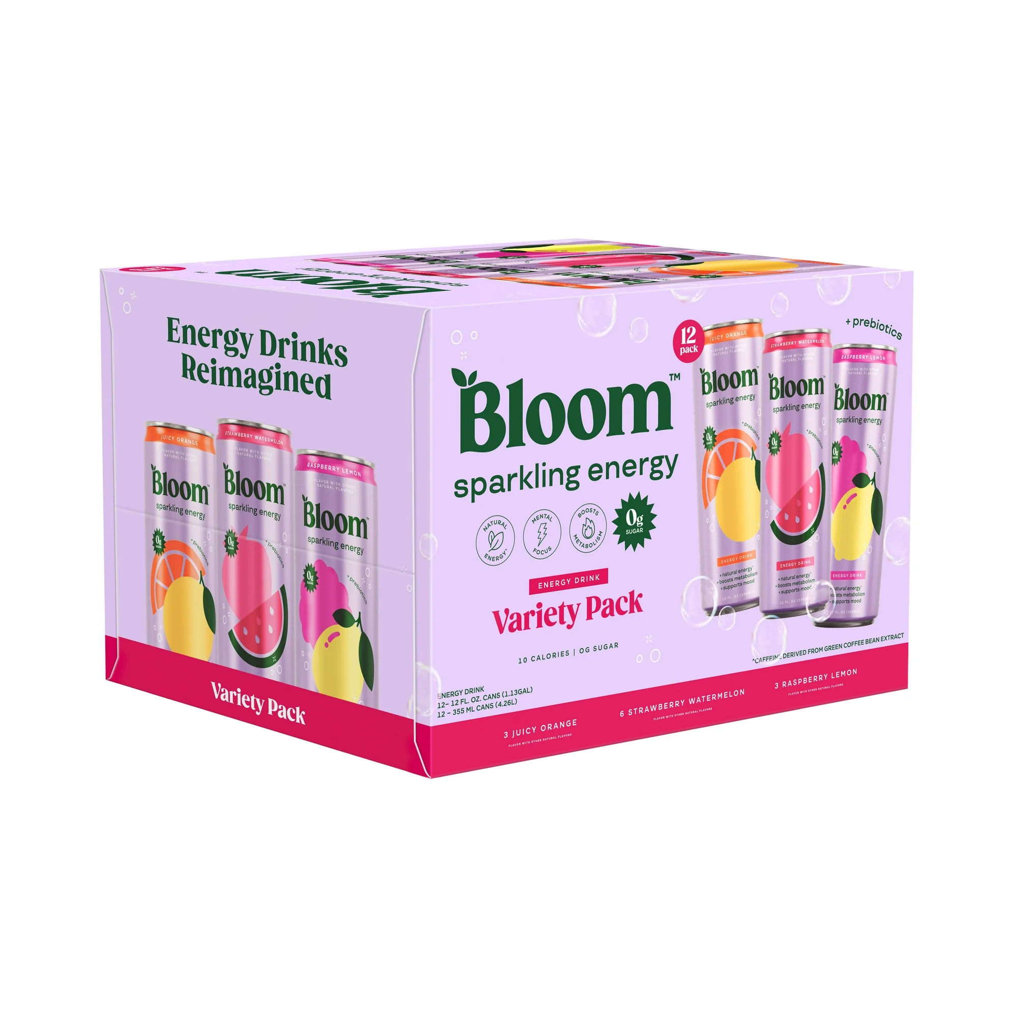 Bloom Nutrition Sparkling Energy Drink, Variety, 12 fl oz Cans, 12 Pack