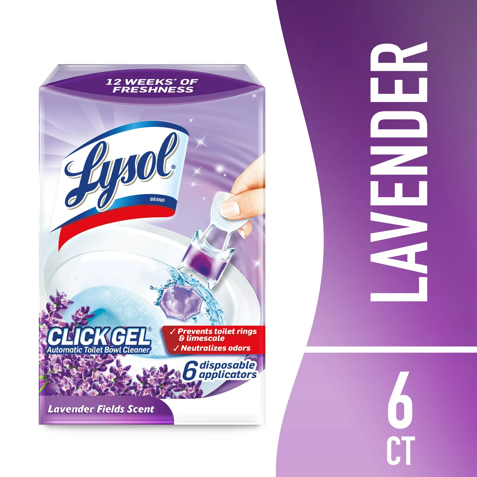 Lysol® Click Gel Automatic Toilet Bowl Cleaner, Gel Toilet Bowl Cleaner, For Cleaning and Refreshing, Brand New Day – Lavender Fields Scent, 6 applicators