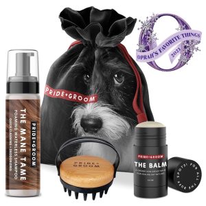 Pride and Groom The TOOL KIT – Dog Grooming Gift set of 7.1 oz of Foaming Waterless Shampoo, 2.5oz of Moisturizing Balm, and 1 Versatile Brush to Cleanse, Moisturize, Detangle & More in Between Baths