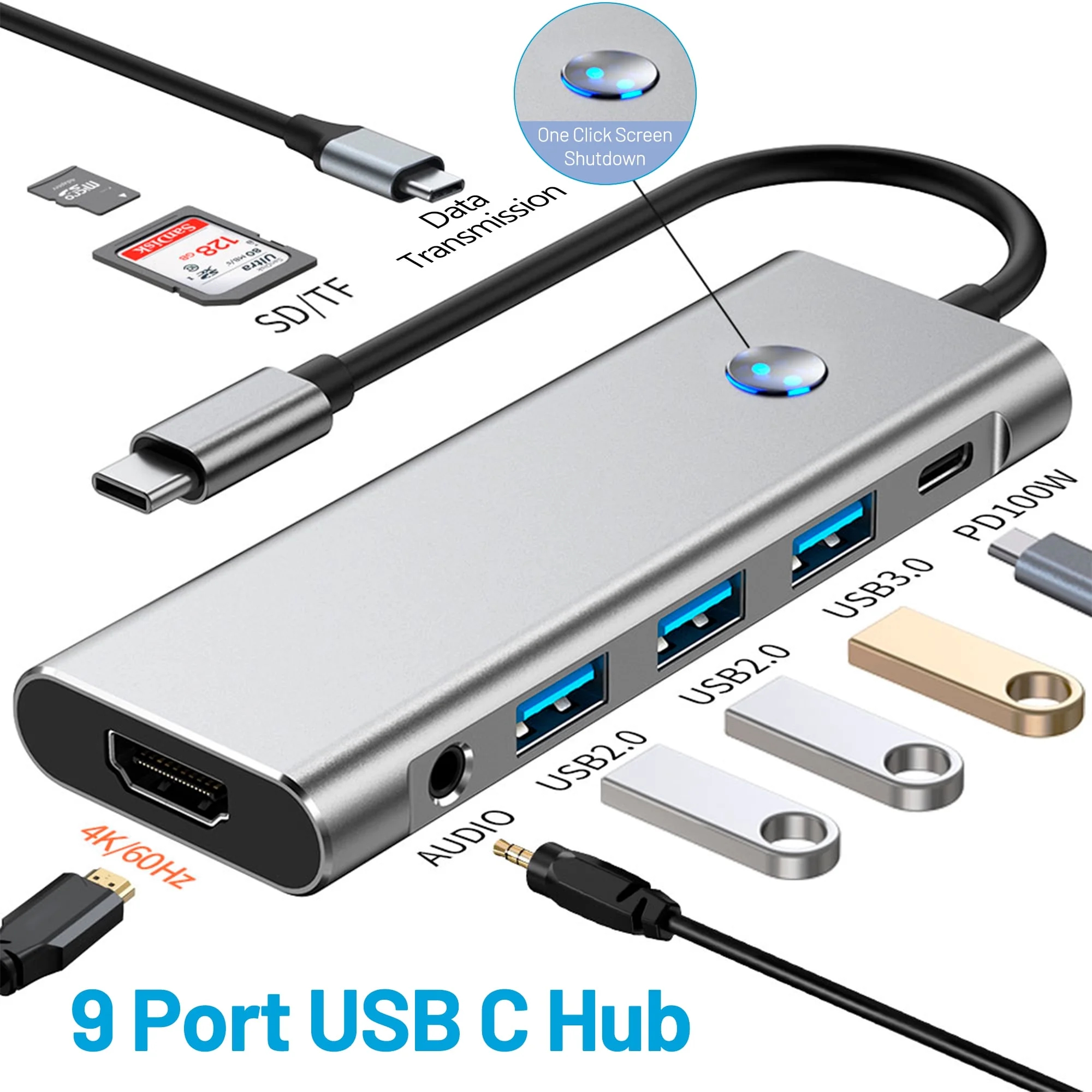 USB C Hub, USB C Adapter 9 in 1 Dongle with 4K HDMI, VGA, Type C PD, USB3.0, SD/TF Card Reader, Audio, Docking Station Compatible with Type C Laptops